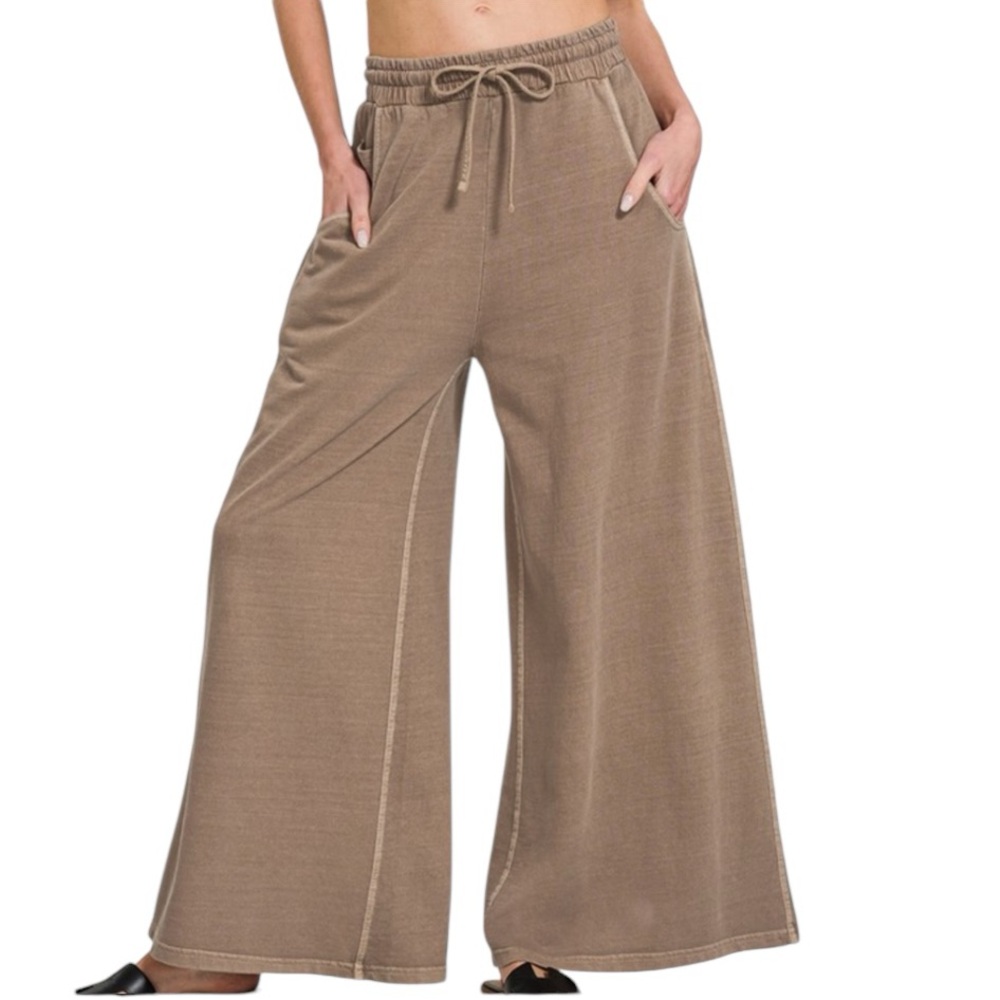 Zenana Outfitters Taupe Wide Leg Drawstring Pants